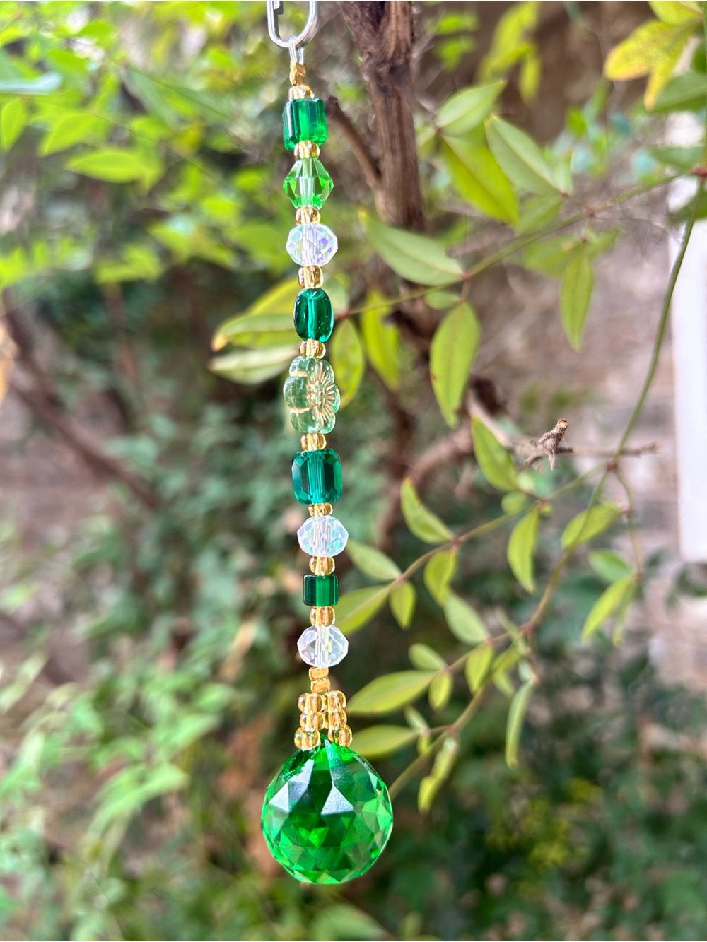 8.75” green prism crystal beaded small suncatcher sun charm decor